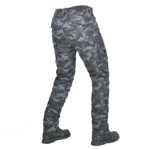 Detail of men's dark camo motorcycle pants with cargo pockets and protective padding