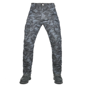 Detail of grey camo motorcycle cargo pants with large side pockets and rugged texture
