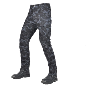 Detail of camouflage motorcycle pants featuring tactical cargo pockets and knee stretch panels