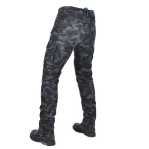 Rear view detail of camo motorcycle jeans with cargo pockets and flexible knee panels
