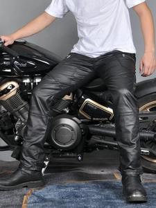 Men's black windproof motorcycle pants with slim fit leather texture and knee stitching
