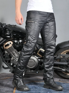 Slim fit black motorcycle riding pants with zipper pockets and protective knee pads