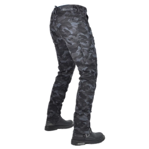 Detail view of grey camo motorcycle cargo pants with abrasion-resistant fabric and biker boots