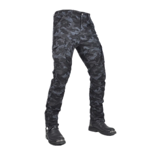 Detail of gray camouflage motorcycle cargo pants featuring accordion panels and side pockets