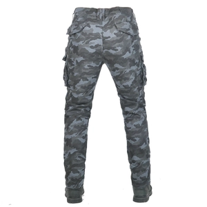 Rear view of grey camouflage motorcycle riding pants with functional cargo pockets