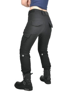 Women's summer motorcycle riding pants in black with protective pads and side pockets