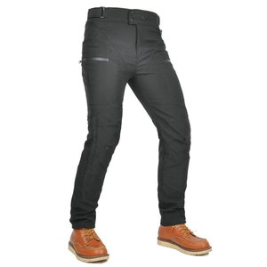 Vista laterale dei pantaloni da moto neri con ginocchia rinforzate e tasche con cerniera