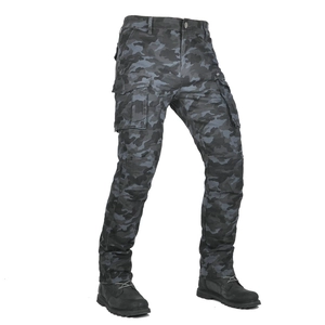 Detail of cargo pockets and camouflage pattern on durable motorcycle riding pants