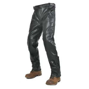 Detail of waterproof motorcycle leather pants with knee protection and side zipper pockets