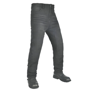 Detail of protective knee pads and reinforced seams on black motorcycle riding jeans