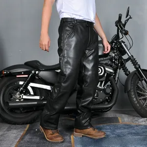 Detail of waterproof leather motorcycle pants with knee armor and reinforced stitching