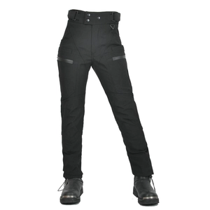 Detail of high-waist motorcycle pants showing waist adjustment and waterproof side zippers