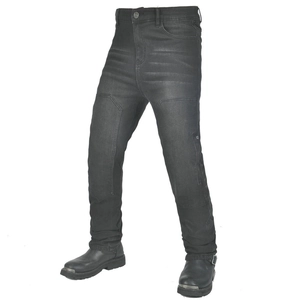 Detail of black motorcycle jeans featuring reinforced knee pads and decorative side zippers