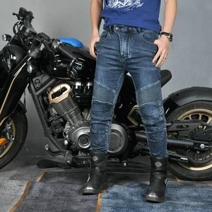 Detail of ergonomic accordion stretch panels and knee protection on motorcycle jeans