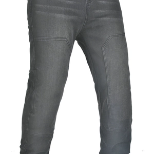 Close-up of charcoal grey motorcycle jeans with reinforced knee stitching and slim fit