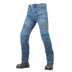 Detail of blue motorcycle riding jeans featuring flexible accordion panels at the knees
