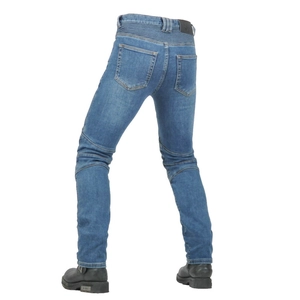 Detail of blue motorcycle jeans with stretch accordion panels on knees and back