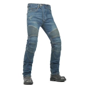 Detail of motorcycle riding jeans with knee accordion stretch panels and protective pads