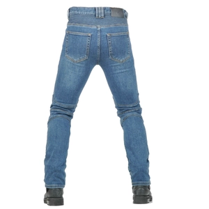 Rear view of blue motorcycle jeans featuring flexible accordion stretch panels at the back