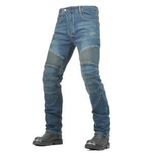 Detail of blue motorcycle riding jeans featuring protective knee pads and elastic pleats