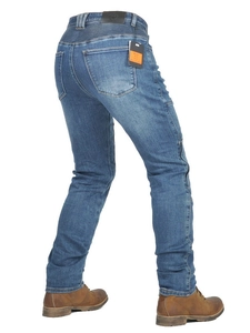 Blue motorcycle riding jeans for men with protective accordion stretch panels and side zippers