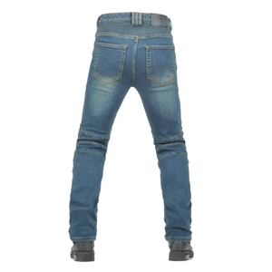 Back view of blue motorcycle riding jeans with protective accordion stretch panels at waist