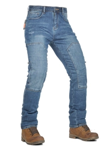 Men's blue stretch motorcycle jeans with protective knee padding and vintage wash finish