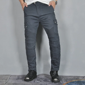 Jeans da moto retrò da uomo in grigio scuro con ginocchia rinforzate e tasche cargo