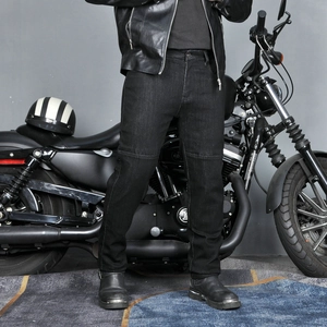 Men's protective motorcycle riding jeans in black with reinforced knees and slim fit style