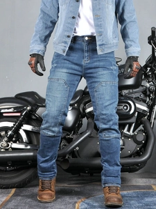 Mens vintage blue protective motorcycle jeans with reinforced knee pads and slim fit cut