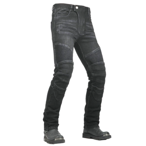 Detail view of motorcycle riding jeans featuring accordion stretch panels and slim fit design