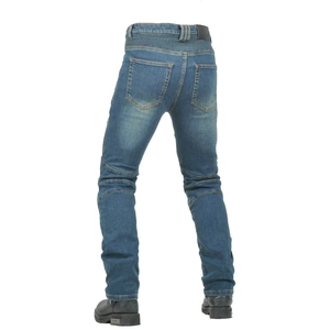 Rear view of motorcycle riding jeans with accordion stretch panels and leather patch