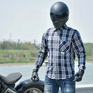 Close-up of blue plaid motorcycle riding shirt with protective kevlar lining and chest pocket