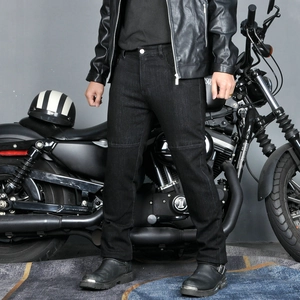 Men's abrasion resistant motorcycle jeans in carbon black with knee accordion stretch panels
