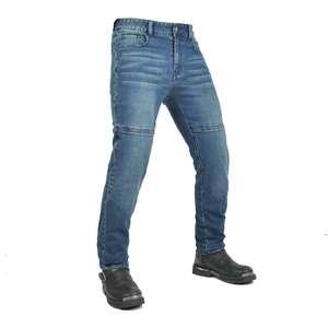 Detail of blue motorcycle riding jeans with protective knee pleats and slim fit denim