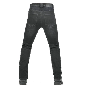 Rear view of black motorcycle jeans with stretch accordion panels and knee pleats