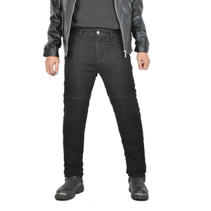Close-up of black motorcycle jeans featuring reinforced knee seams and straight-leg fit