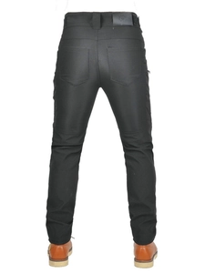 Men's black motorcycle pants with high-waist design and protective padding features