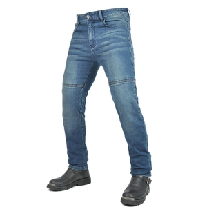 Detail of motorcycle jeans featuring reinforced knee accordion panels and blue denim fabric