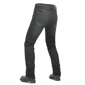Detail view of motorcycle jeans with accordion stretch panels at knees for flexible riding