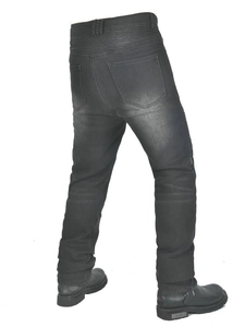 Men's black motorcycle jeans with stretch accordion panels and slim fit design
