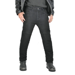 Detail view of reinforced knee stitching on men's abrasion-resistant motorcycle jeans