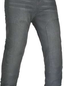 Slim fit black motorcycle jeans with protective knee panels and coated denim finish