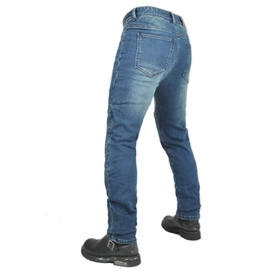 Rear view of blue washed motorcycle denim pants with protective wear-resistant fabric