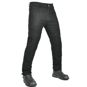 Detail of reinforced knee pads and abrasion-resistant fabric on black motorcycle jeans
