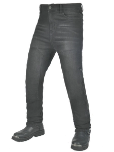 Men's protective motorcycle jeans in black featuring reinforced quilted knee patches