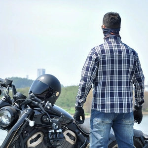 Detailed back view of a men's navy blue plaid motorcycle riding shirt with reinforced fabric