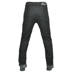 Rear view of black straight-leg motorcycle jeans with dual pockets and leather patch