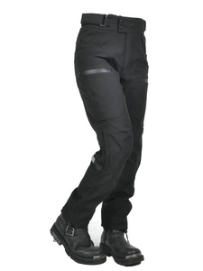 Women motorcycle riding pants in black techwear style with waterproof pockets and knee pads