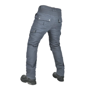 Vista posteriore dei jeans da moto grigi con inserti elastici e tasche laterali